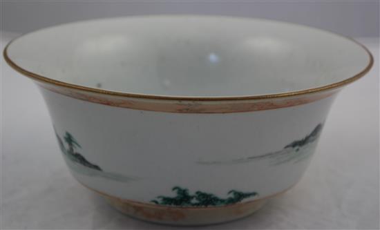A Chinese famille rose landscape bowl, Qianlong seal mark, 19th century, diam. 19.5cm